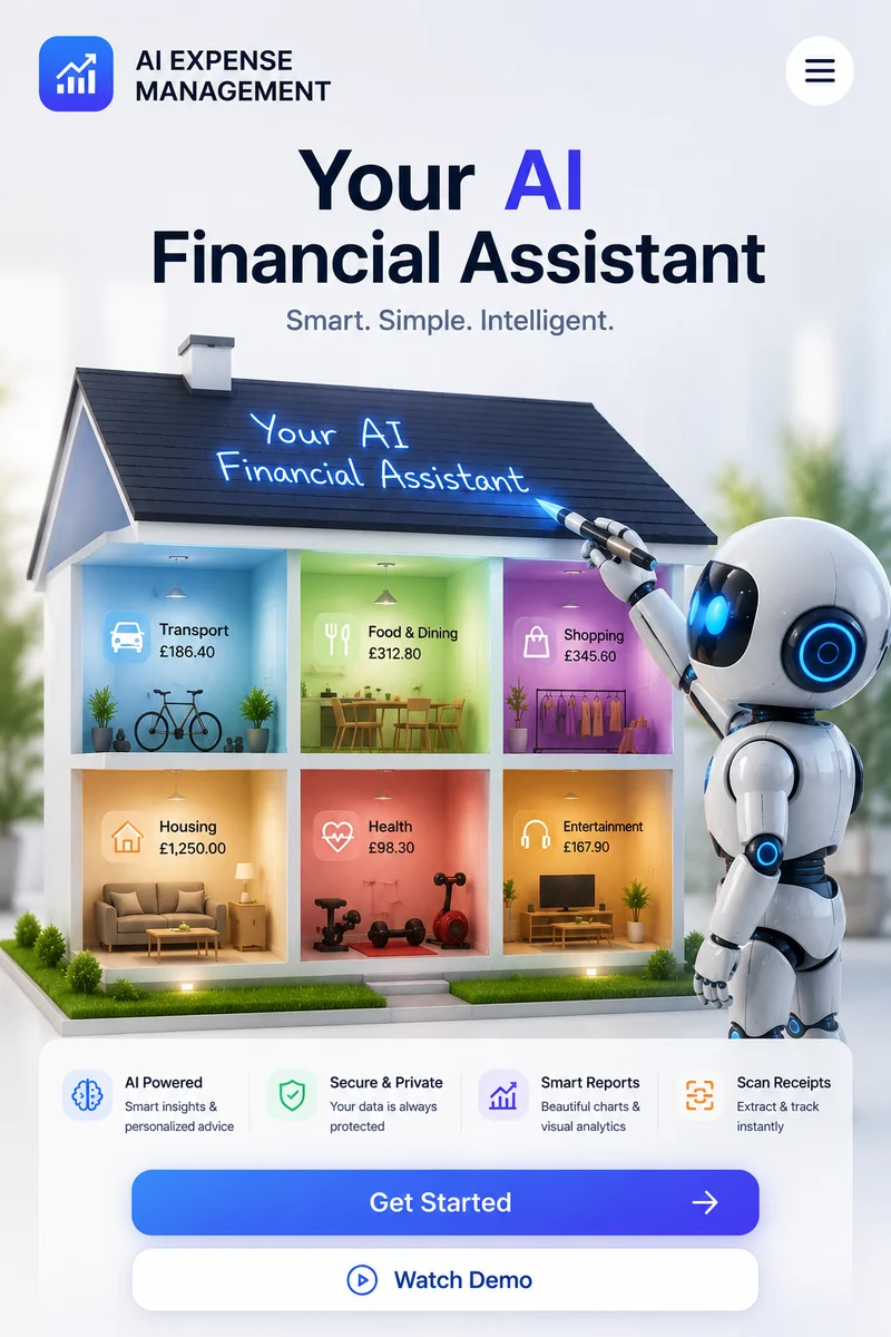 AI Budget Control Hub landing page showing household budget categories and an AI financial assistant